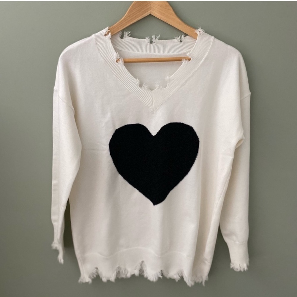 NWOT Boutique Brand Off The Shoulder Ripped Heart Pattern White Sweater Size M